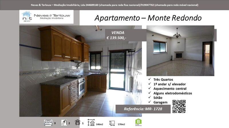 Apartamento em bom estado T3 Monte Redondo Leiria - parqueamento, equipado, arrecadação, lareira, jardins, garagem, bbq, varanda, aquecimento central, sótão