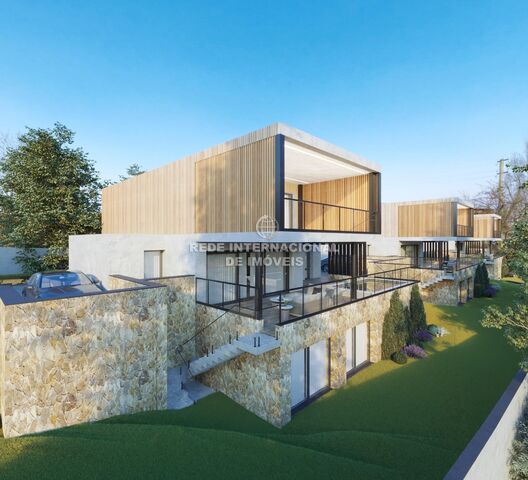 House Modern 4 bedrooms Alcabideche Cascais - underfloor heating, garage, swimming pool, equipped kitchen, balcony, garden, acoustic insulation, private condominium, parking lot, store room, air conditioning, terrace, heat insulation, double glazing, fireplace, solar panels