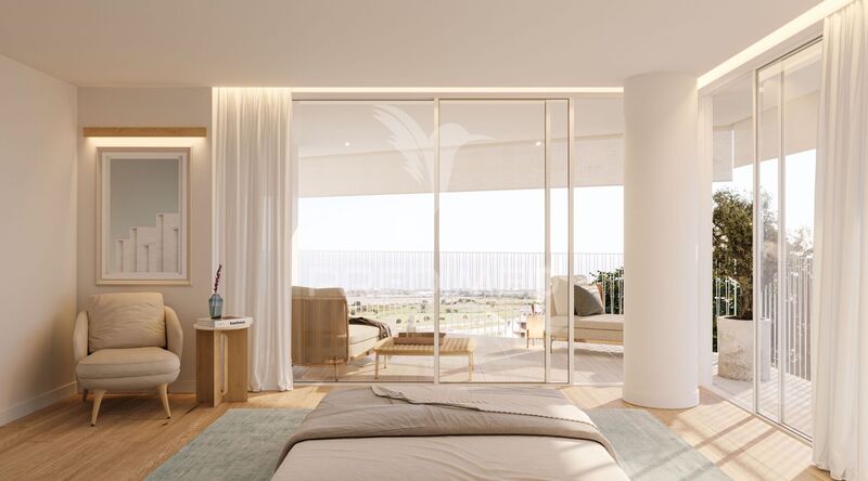 Apartamento T3 em construção Quarteira Loulé - cozinha equipada, alarme, varanda, videovigilância, ténis, piscina, ar condicionado, jardins
