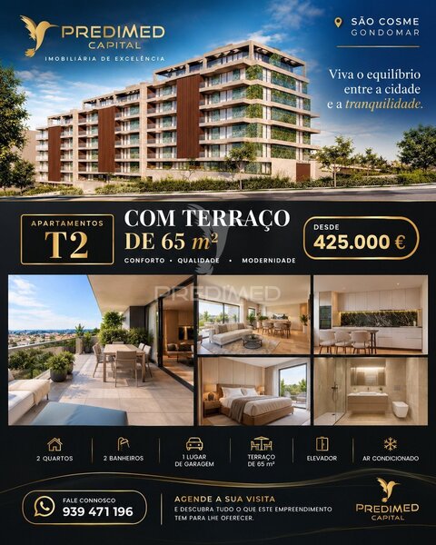 Ylellinen 2 makuuhuoneen huoneisto, jossa on terassi 65m² Gondomar