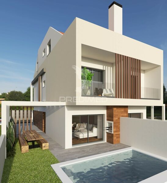 House V3 Semidetached Fernão Ferro Seixal - balcony, double glazing, balconies, air conditioning, fireplace, solar panels, swimming pool
