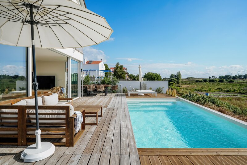 Casa V3 Urbanização Possanco Comporta Alcácer do Sal - piscina, aire acondicionado, chimenea, jardín, terraza