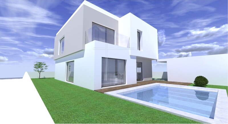 Moradia isolada T4, arquitetura contemporânea com garagem e piscina - Aroeira