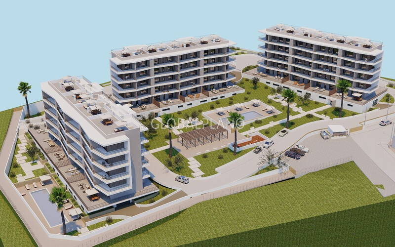 Apartment nieuw T2 Praia da Rocha Portimão - gated community, balconies, garage, thermal insulation, central heating, swimming pool, radiant floor, video surveillance, balcony, green areas, barbecue, air conditioning, playground