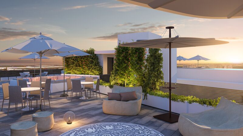 апартаменты новые в центре T4 Faro - 4º этаж, терраса, сады, бассейн, барбекю, подсобное помещение