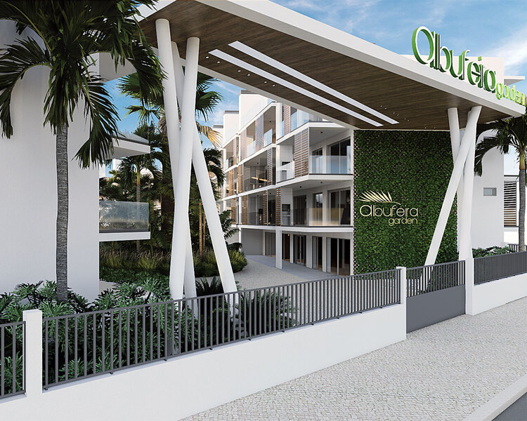 Apartamento Moderno T2 Albufeira - ar condicionado, condomínio, equipado, varanda, churrasqueira, jardim, terraço, piscina, painéis solares