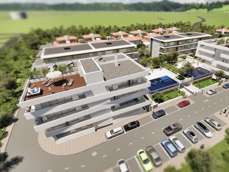 Apartamento de luxo em construção T3 Vale de Lagar Portimão - varanda, piscina, garagem, parqueamento, cozinha equipada, ar condicionado, equipado, painel solar